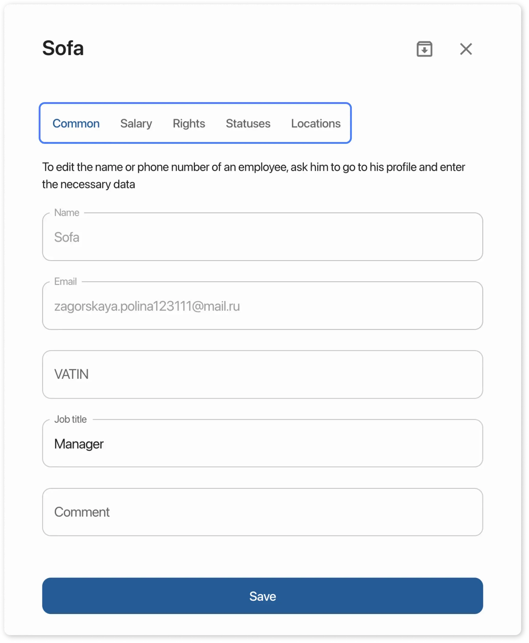 Editing employee card
