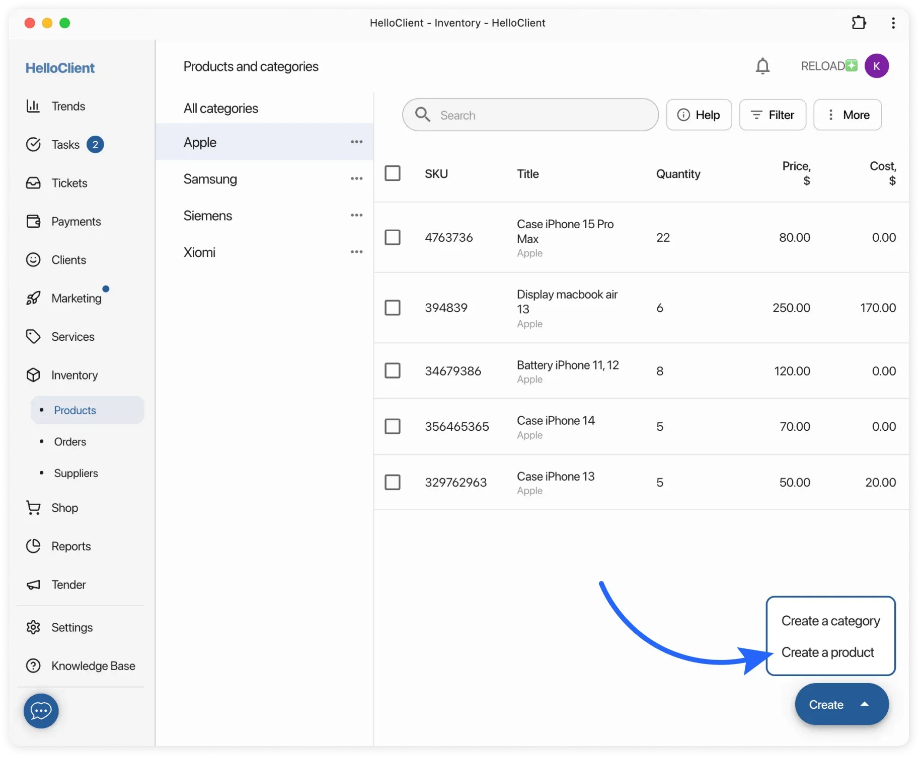 Adding product to warehouse