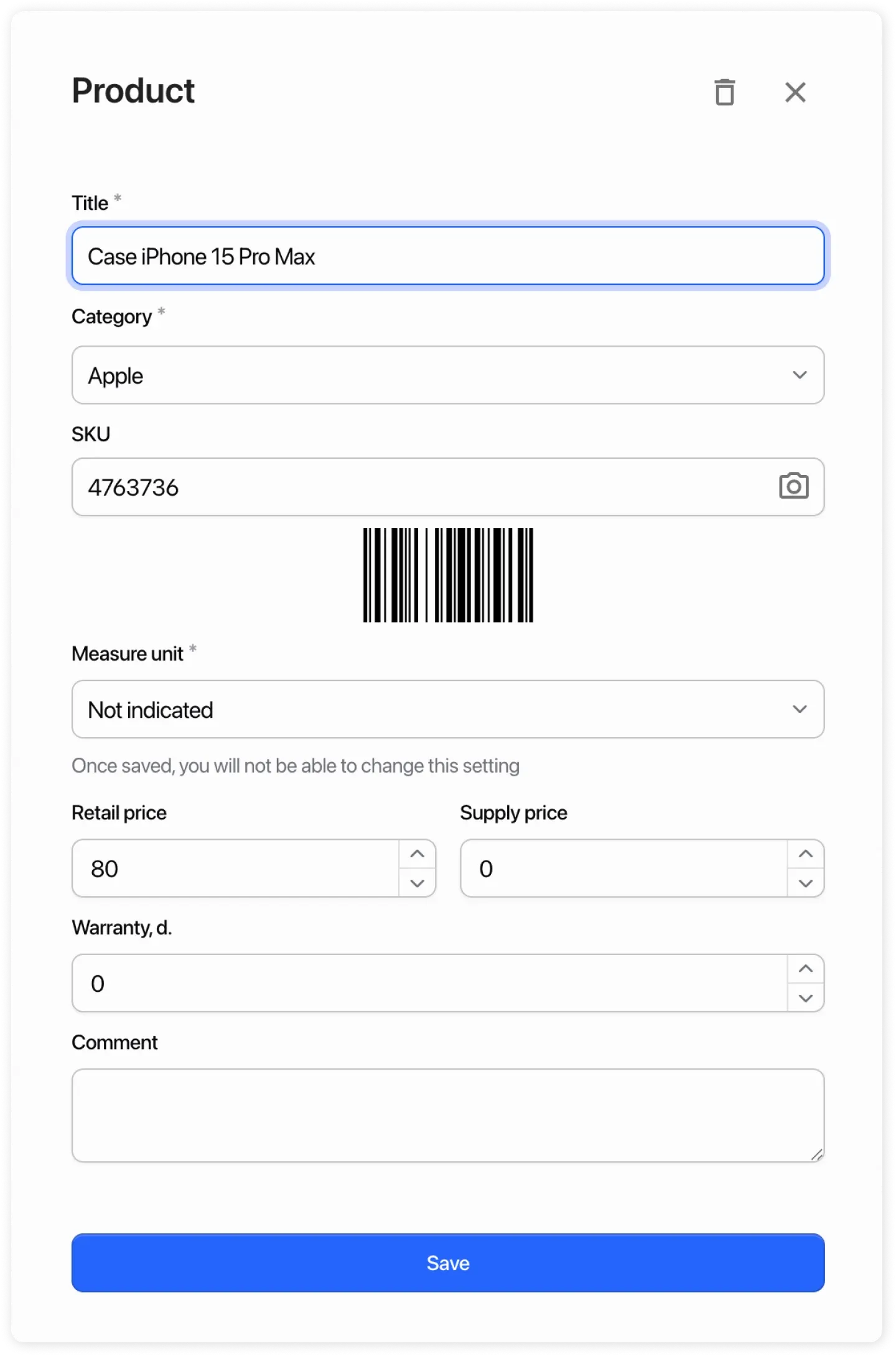 Product card in warehouse