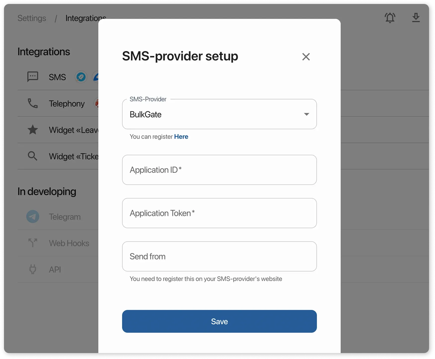 Integration setup card with BulkGate in HelloClient