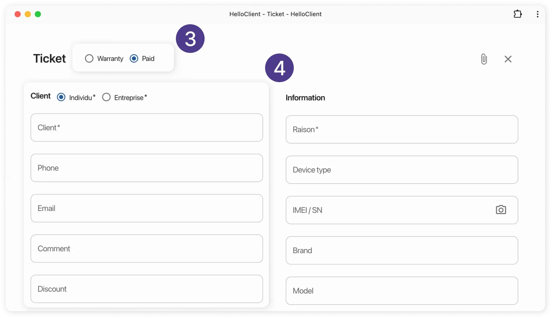 Selecting ticket type and client type