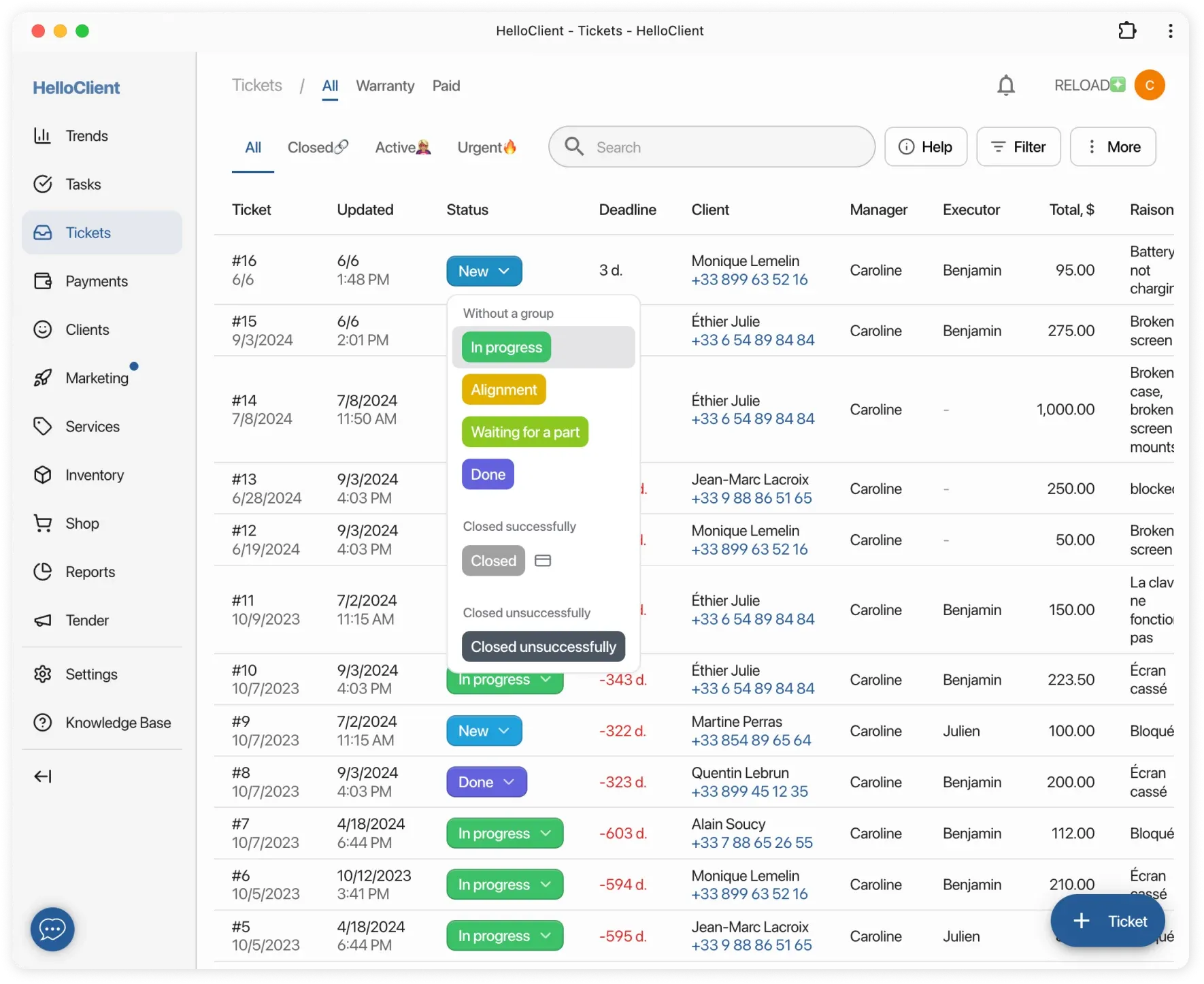 Monitoring ticket progress with statuses