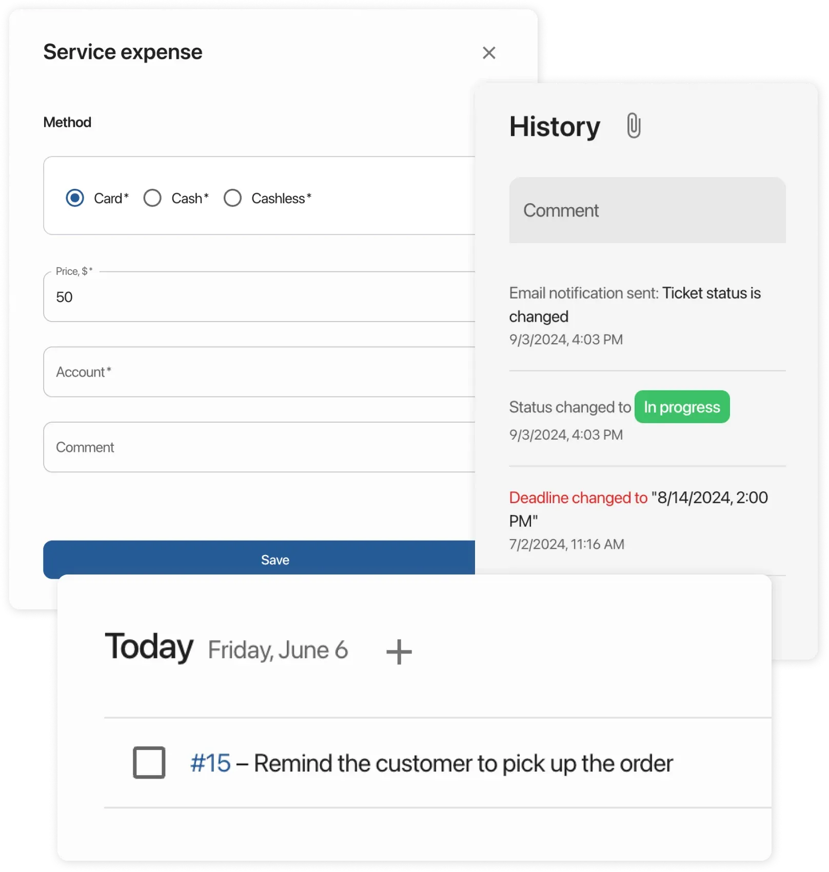 Service expense, ticket history, tasks