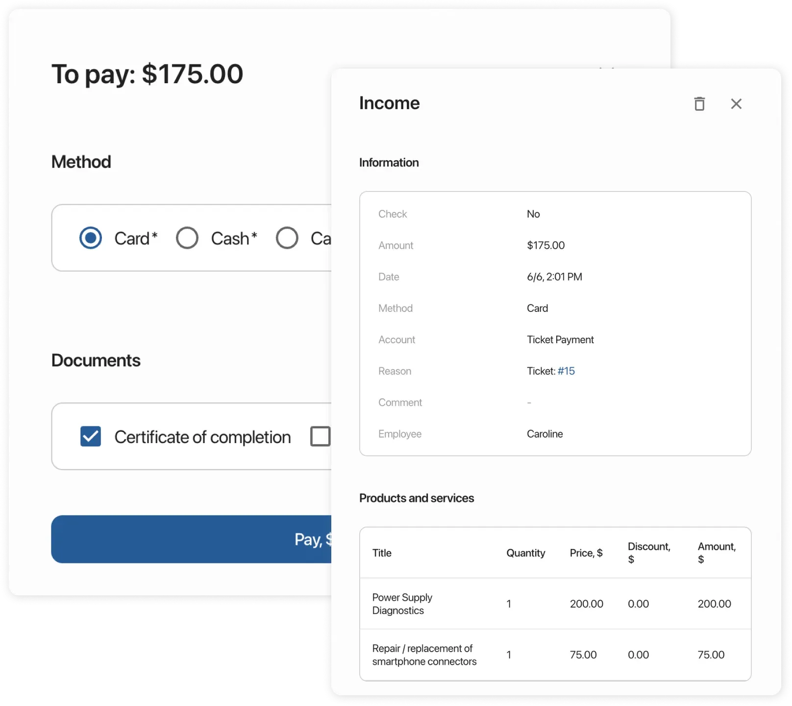 Accepting payment for order