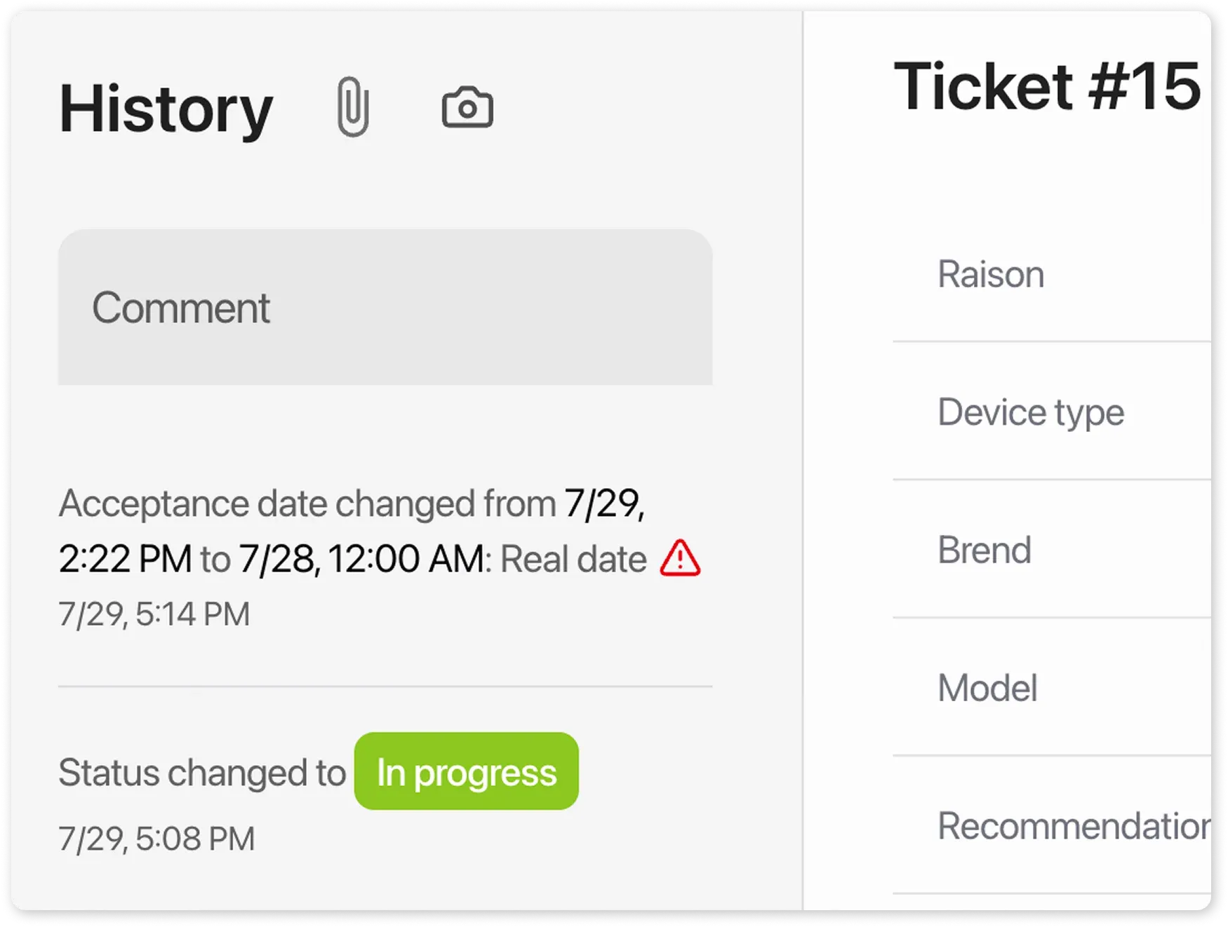 order history with date of the change