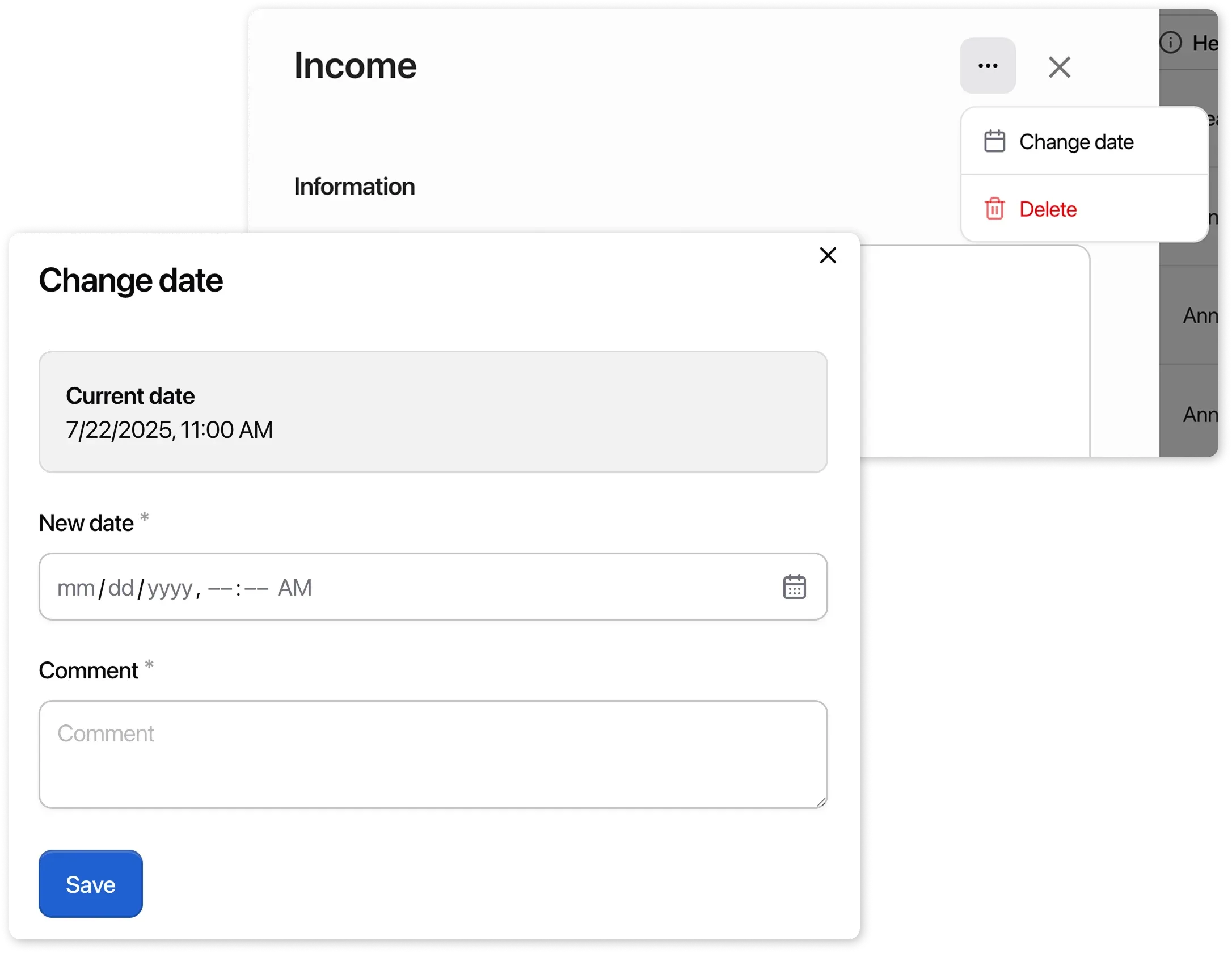 Income card - create date