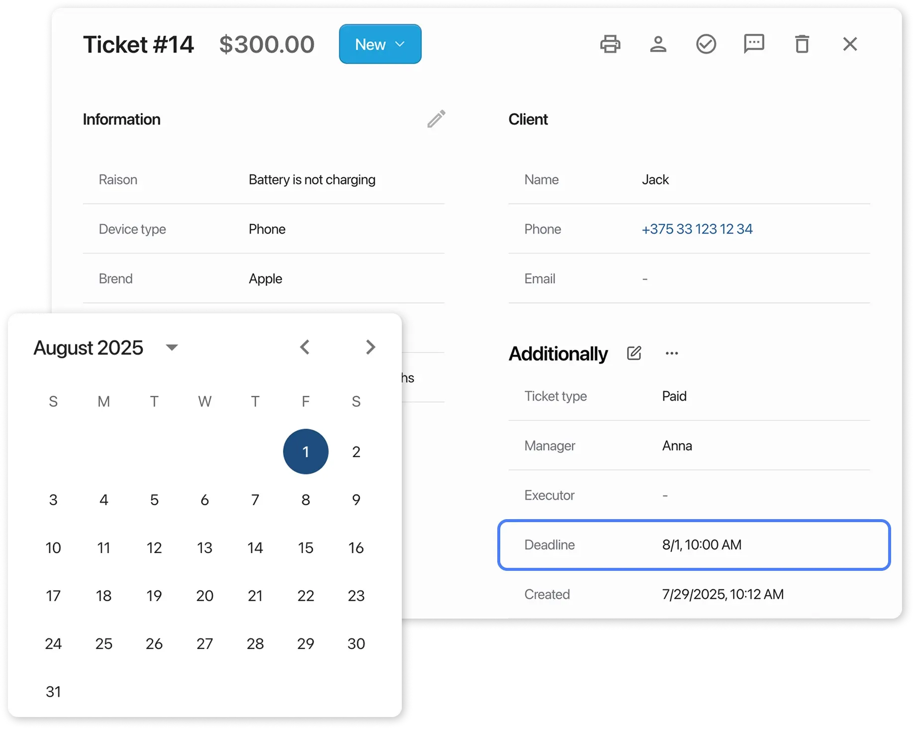 Deadline in ticket card