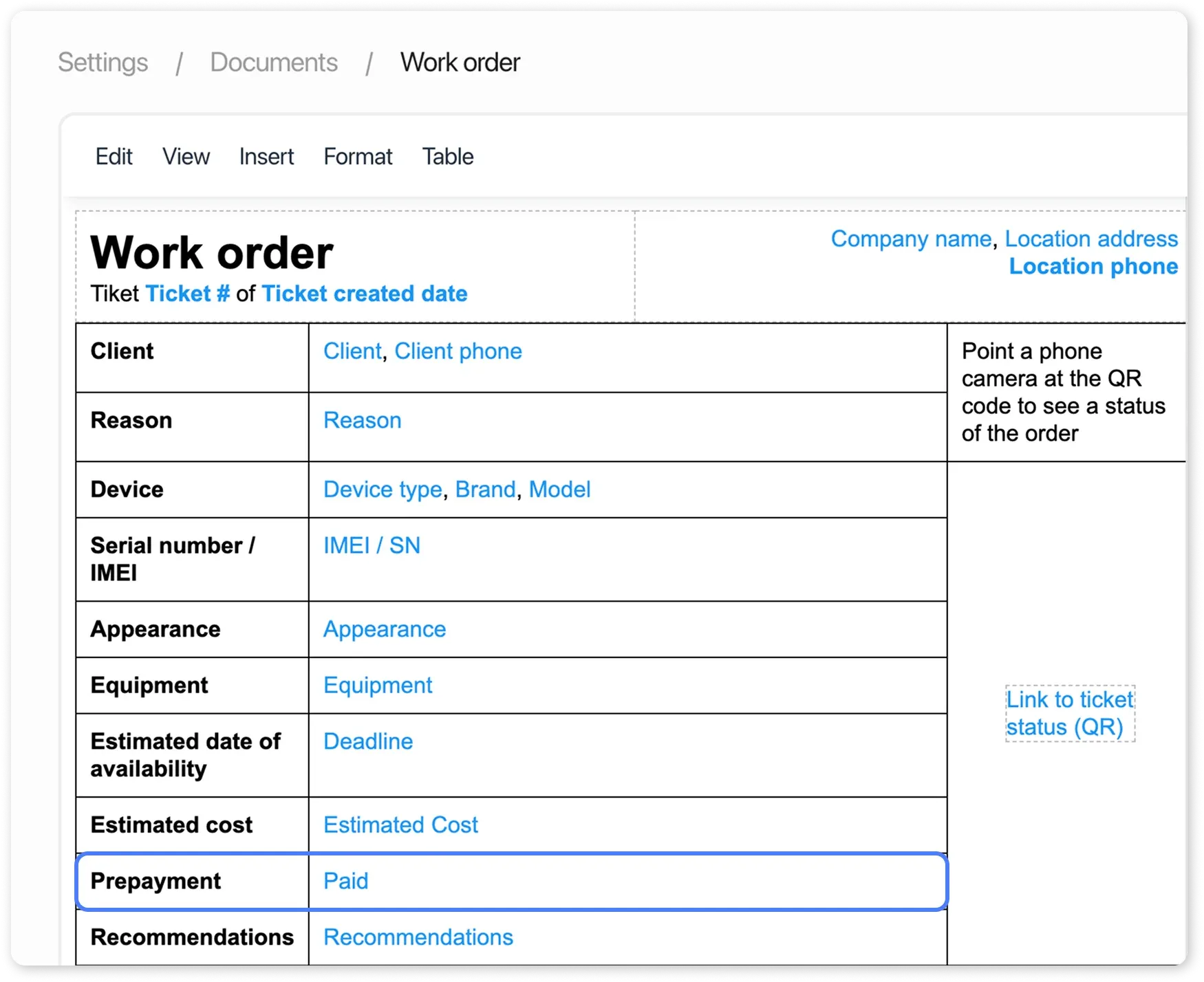 Document template with Paid variable