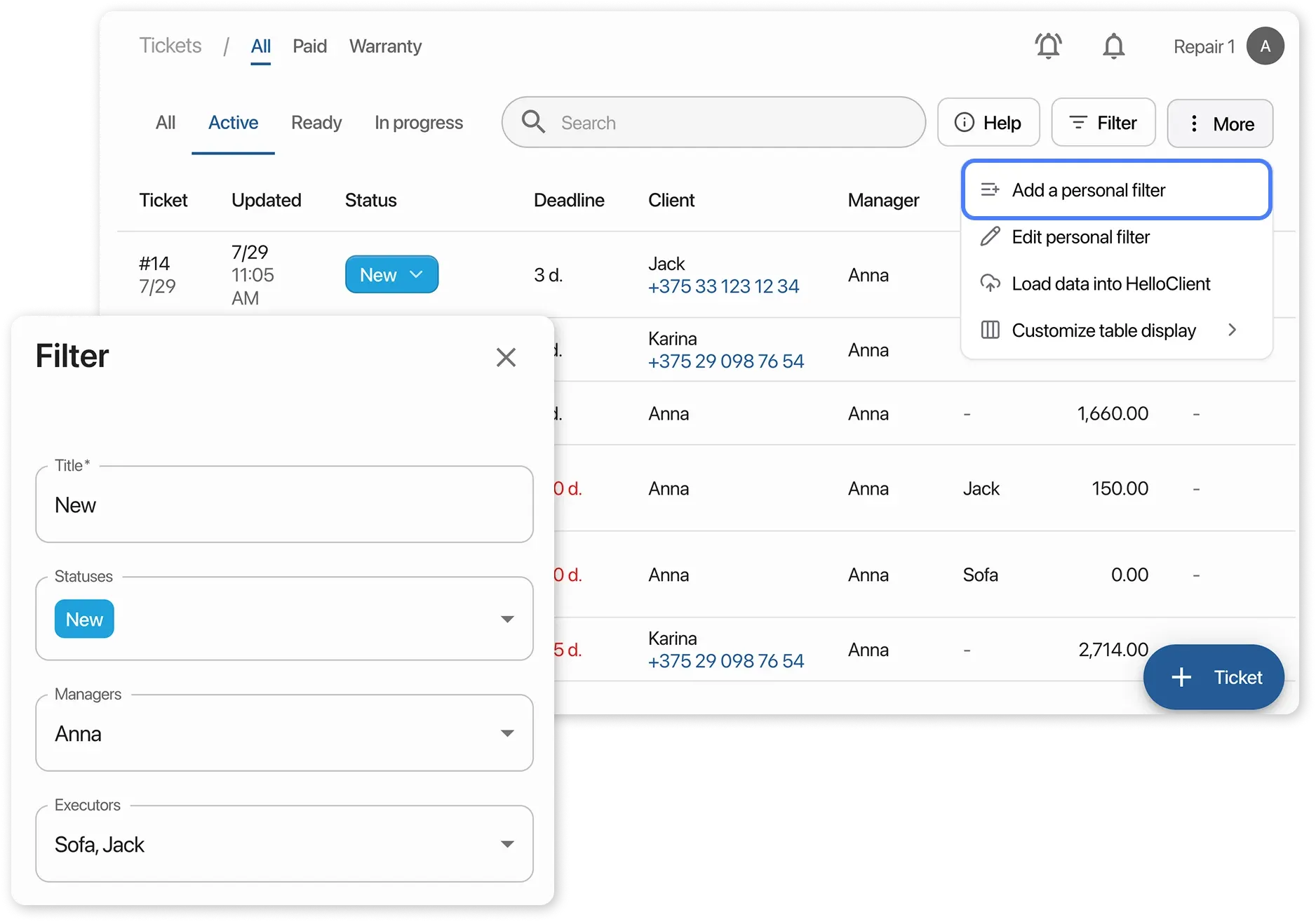 Personal filters in the order table
