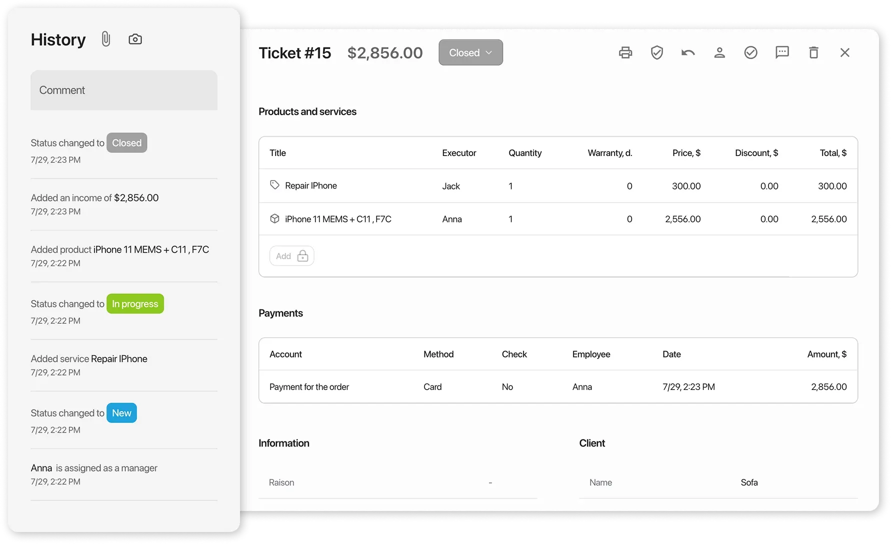 Order activity history