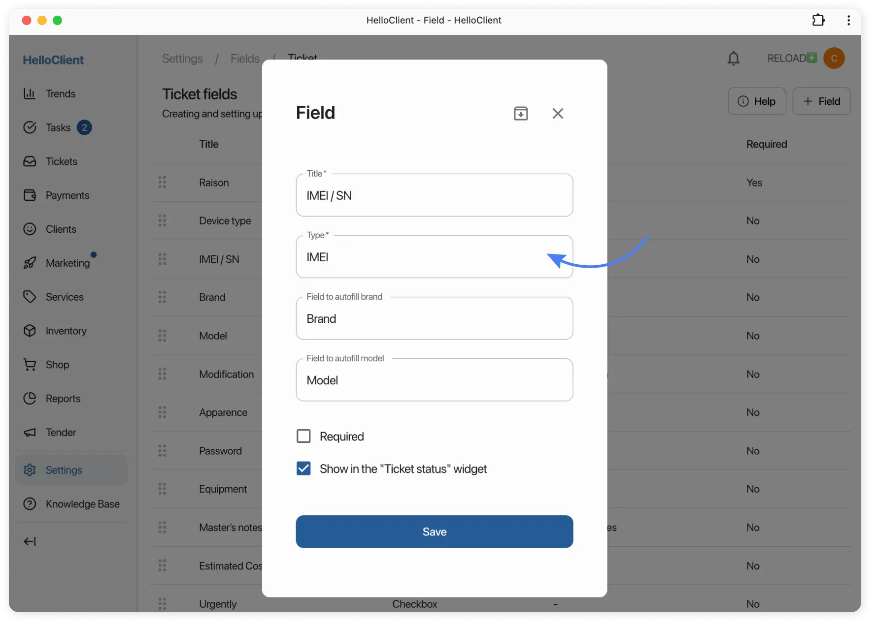 IMEI field configuration