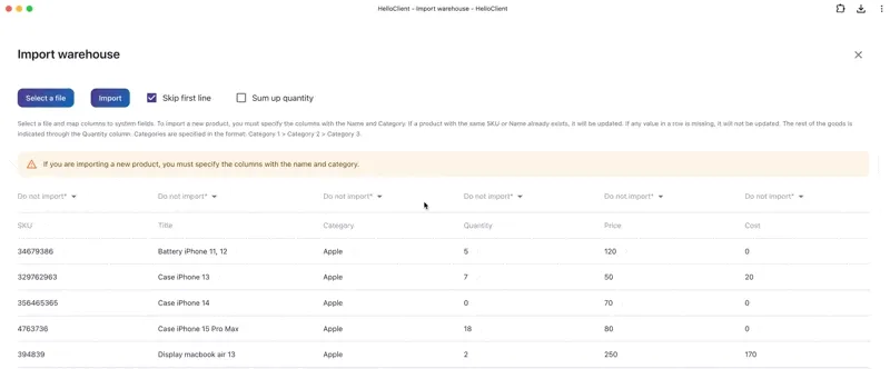 Mapping file fields to HelloClient fields