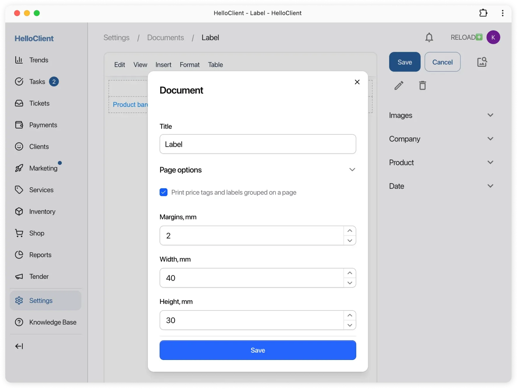 Printing price tags from HelloClient