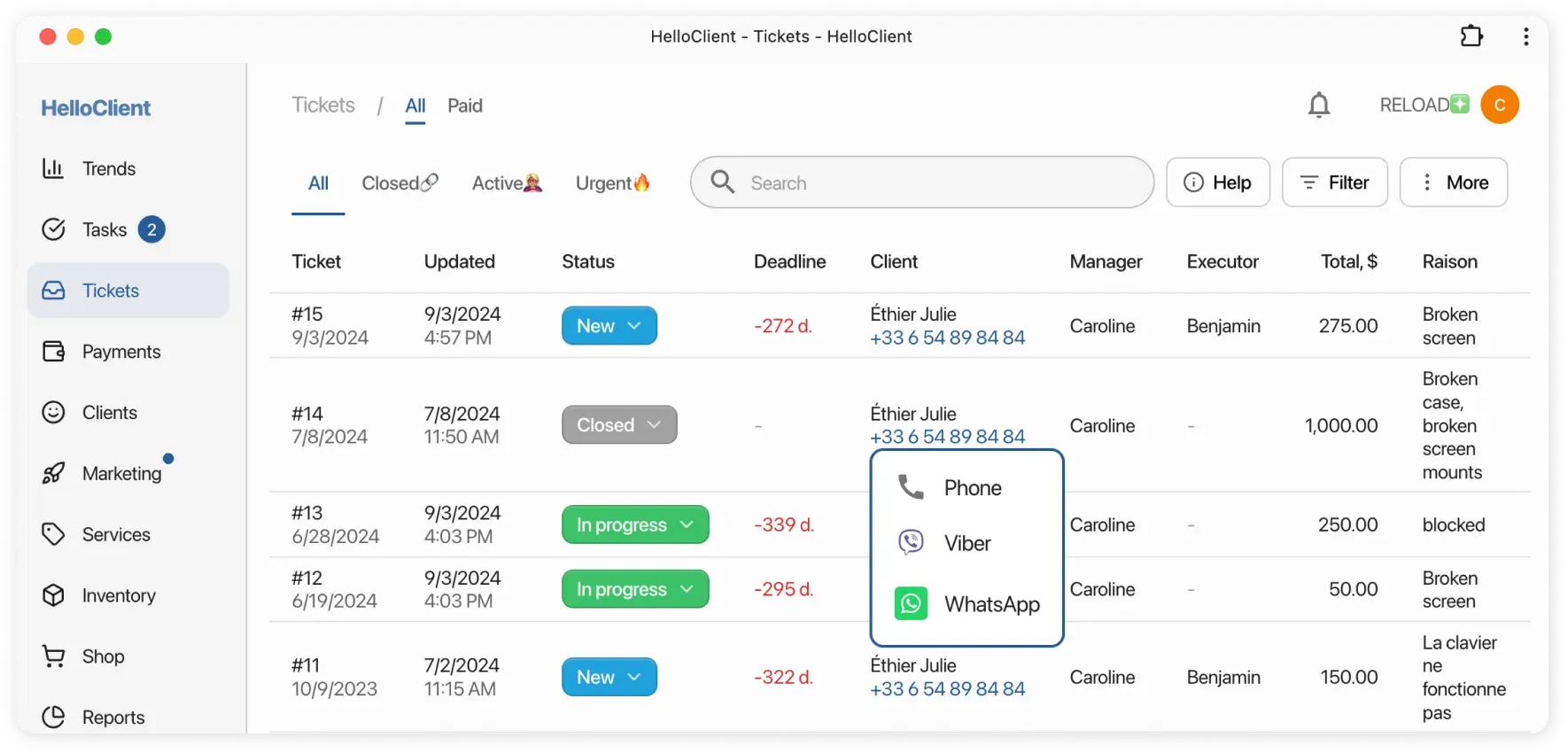 Sending messages to messengers from HelloClient