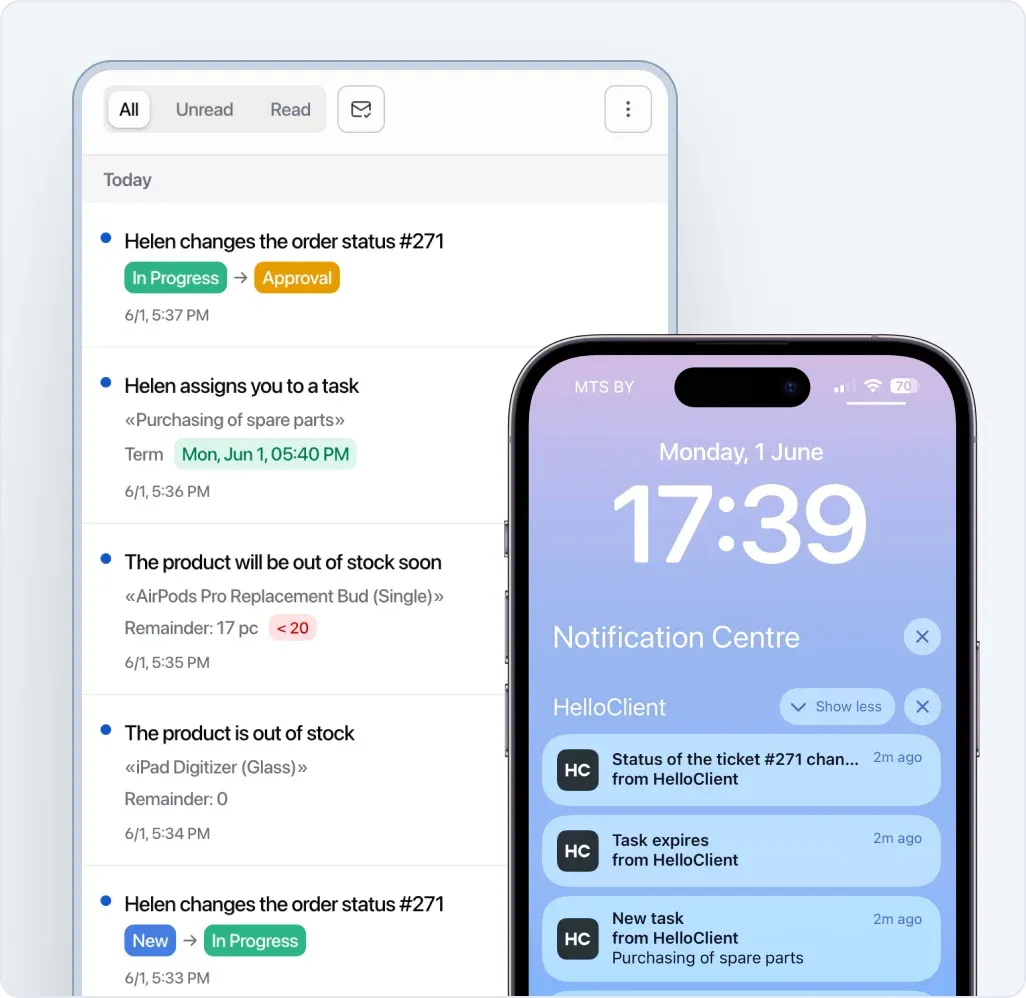 Notification center in CRM HelloClient