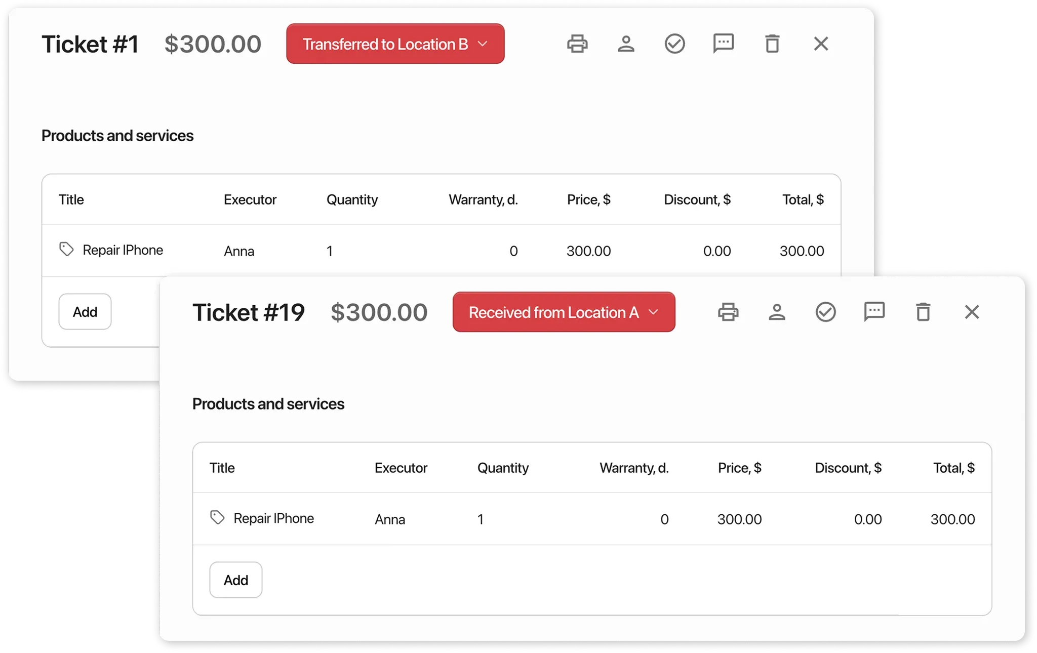 Карточка заказа со статусом Перемещен