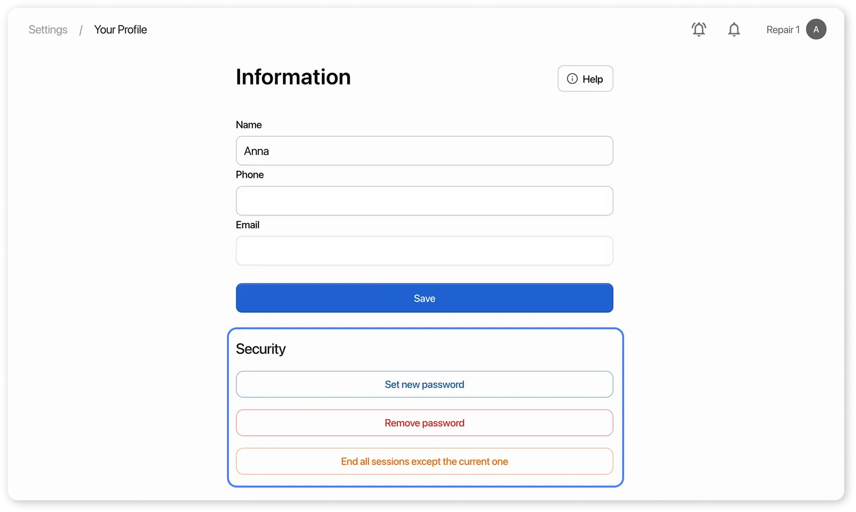 Setting a new password