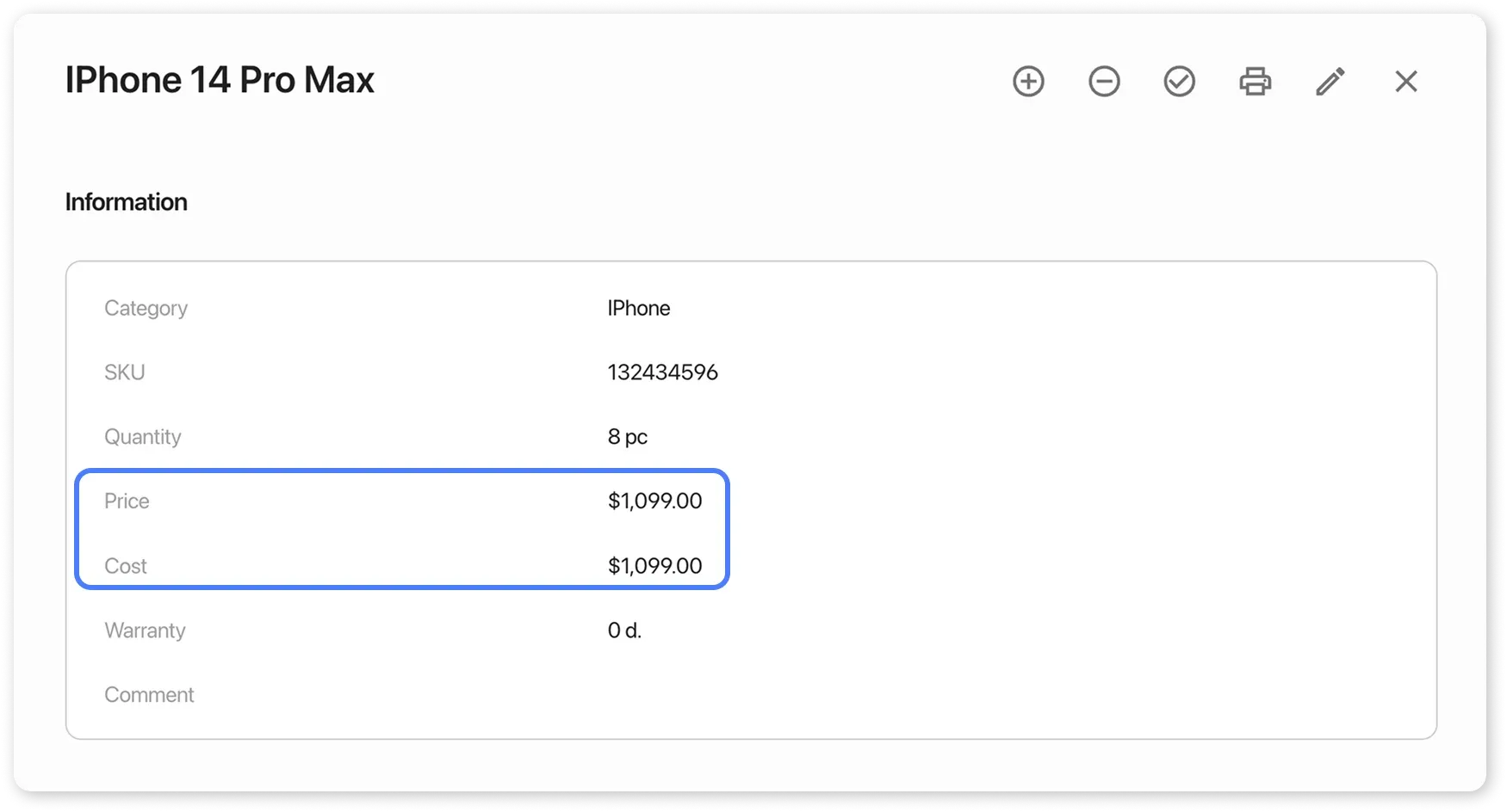 Product card: Price and Cost price