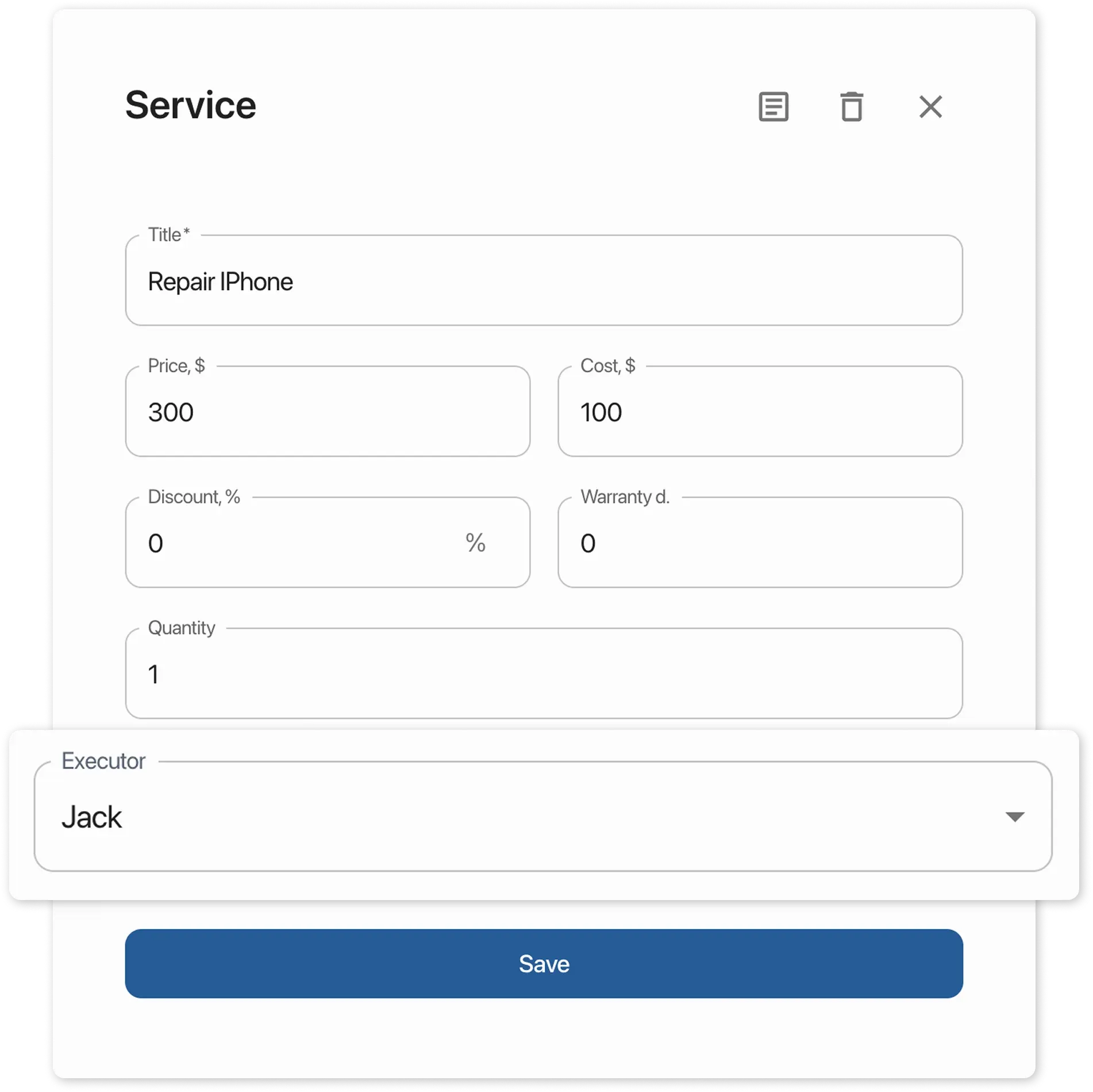 Order product card: Performer