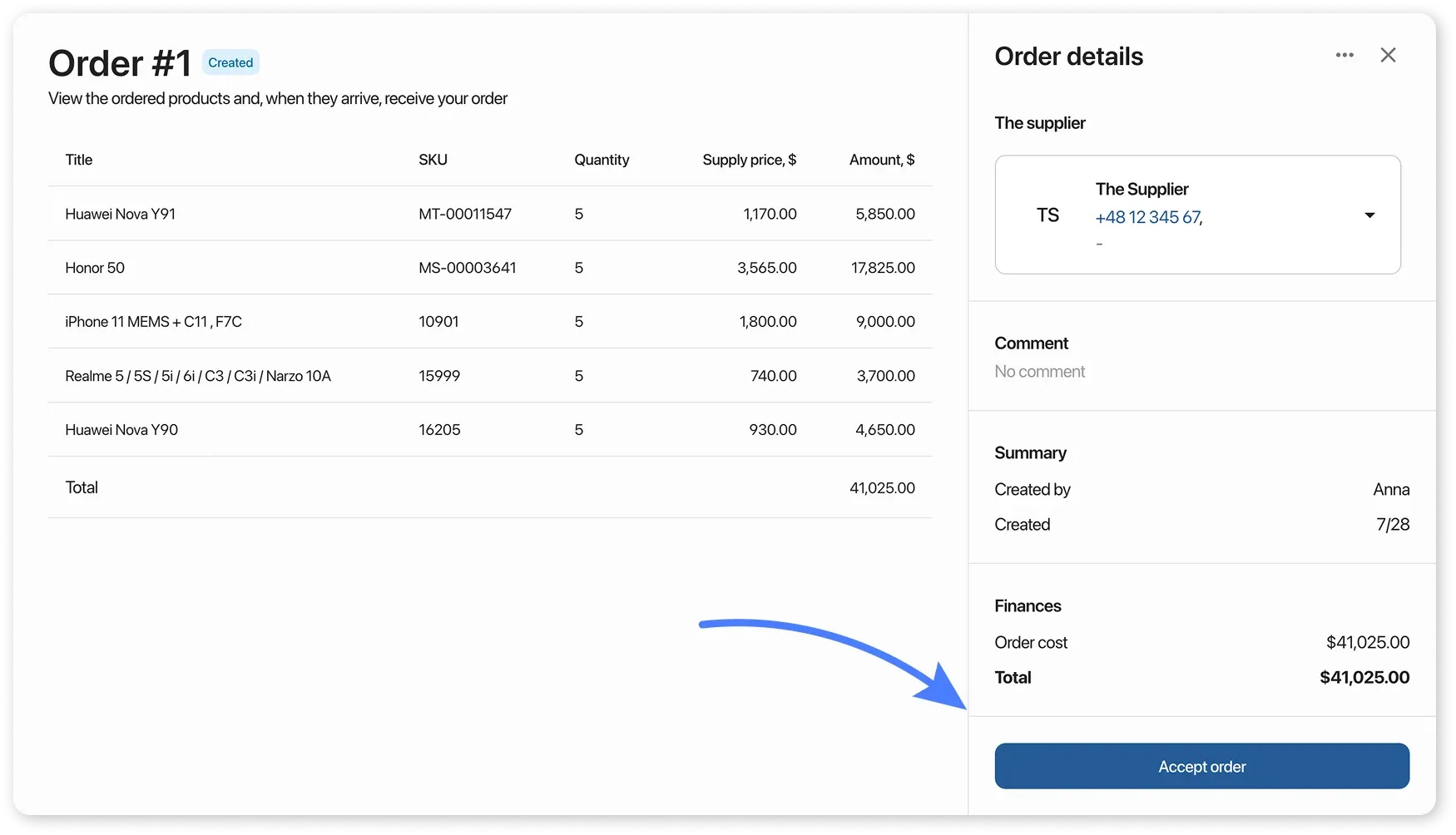 The order with status "Created"