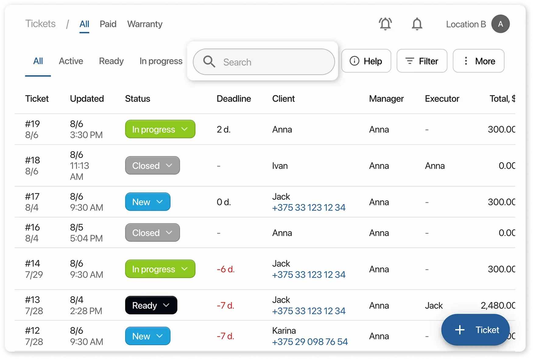 Working in the “Tickets” Module