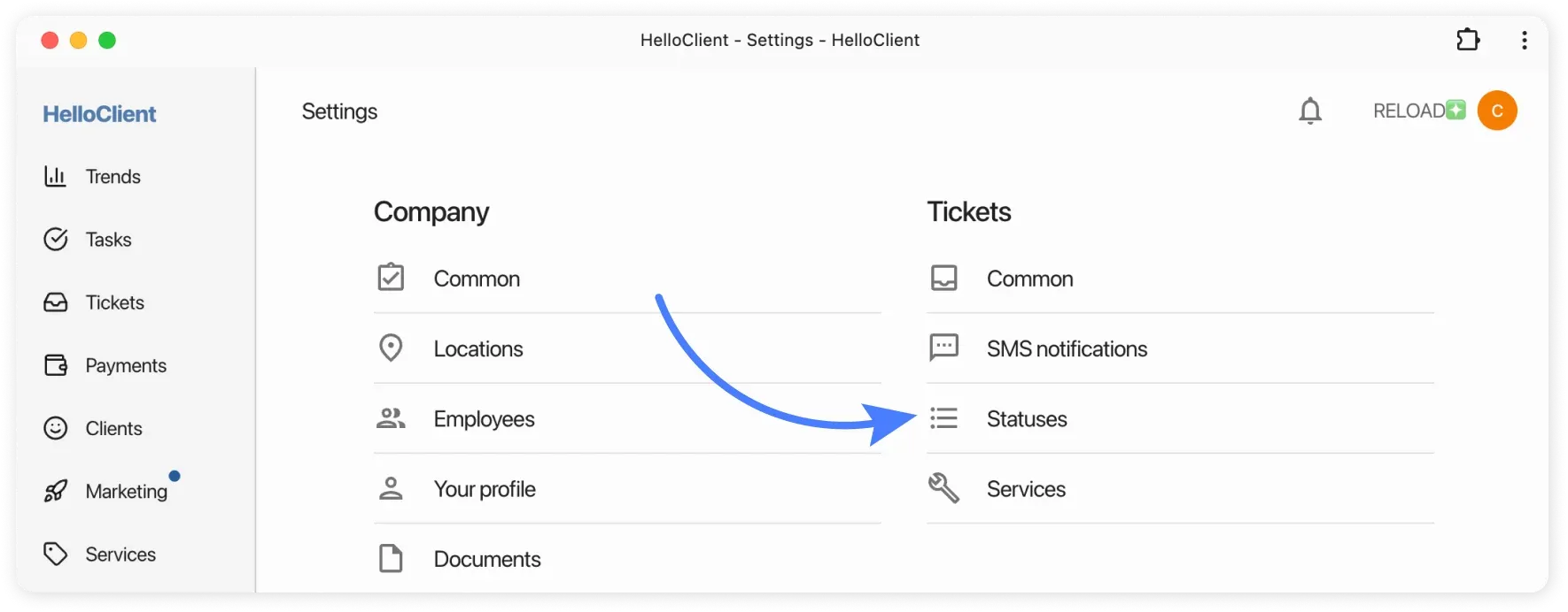 Status configuration module in HelloClient