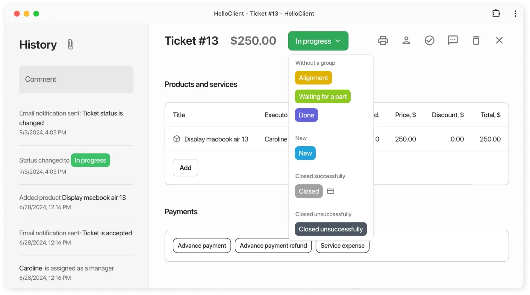 Changing ticket statuses in HelloClient