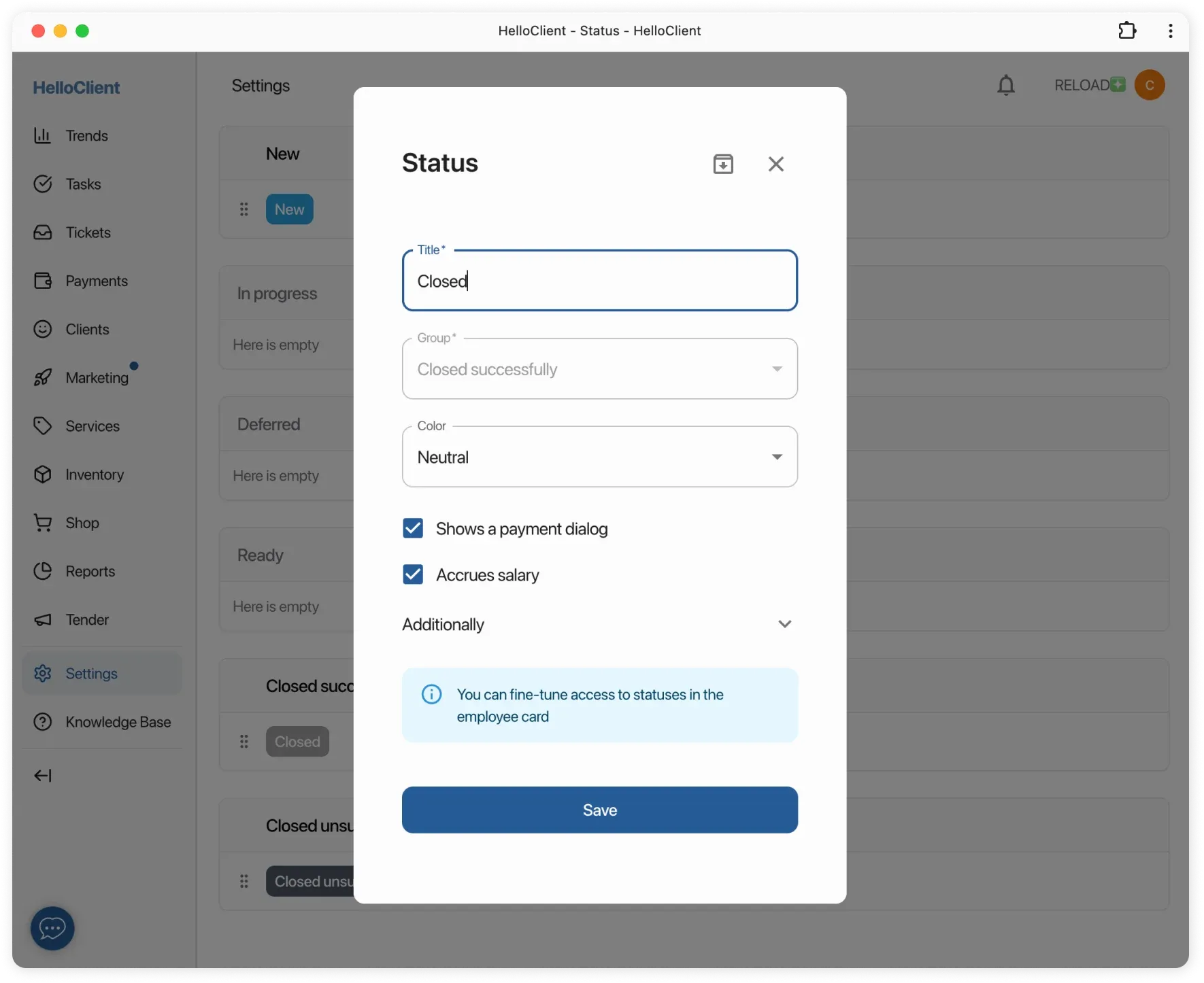 Settings for ticket-closing status