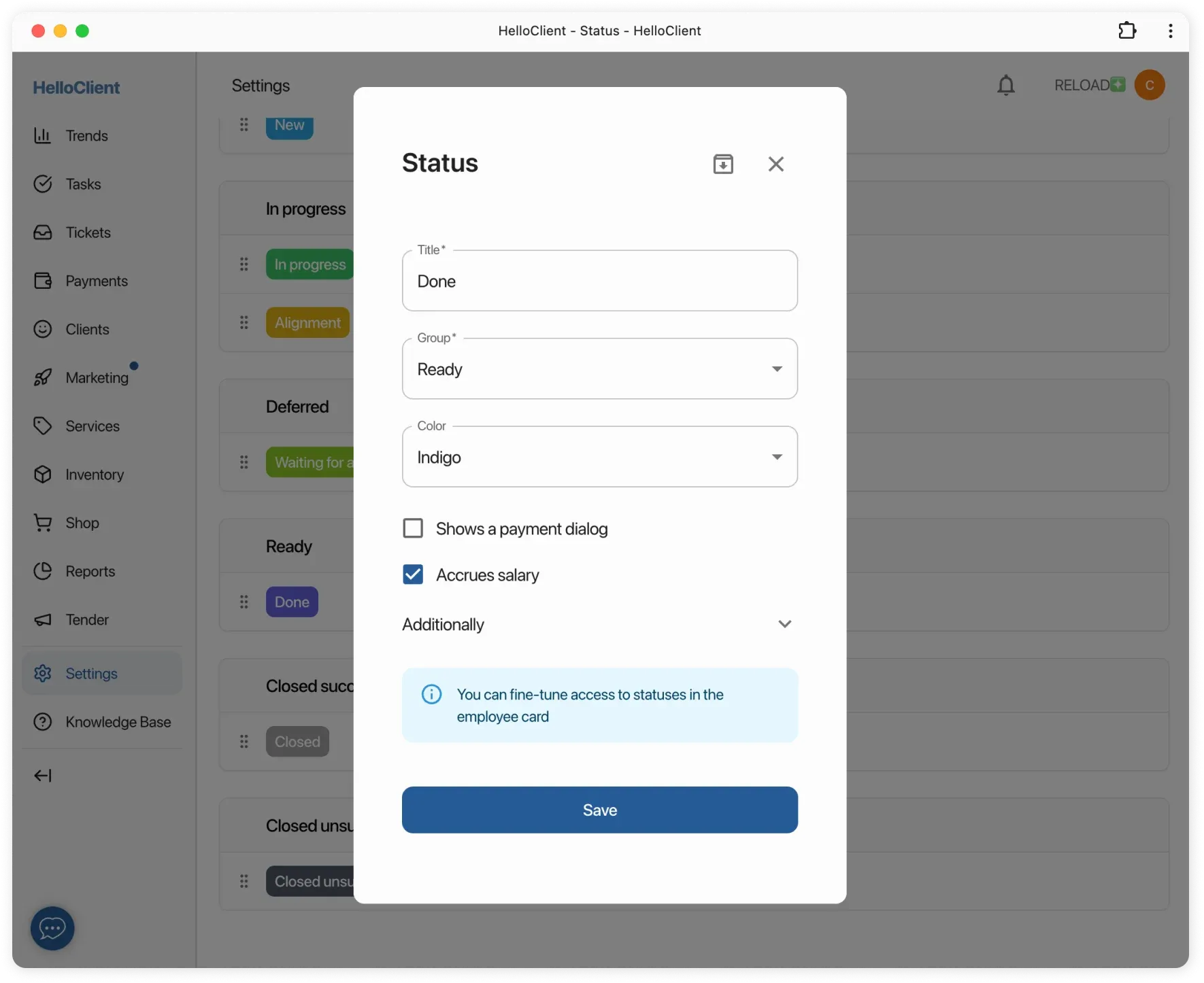 Settings for "Ready" status