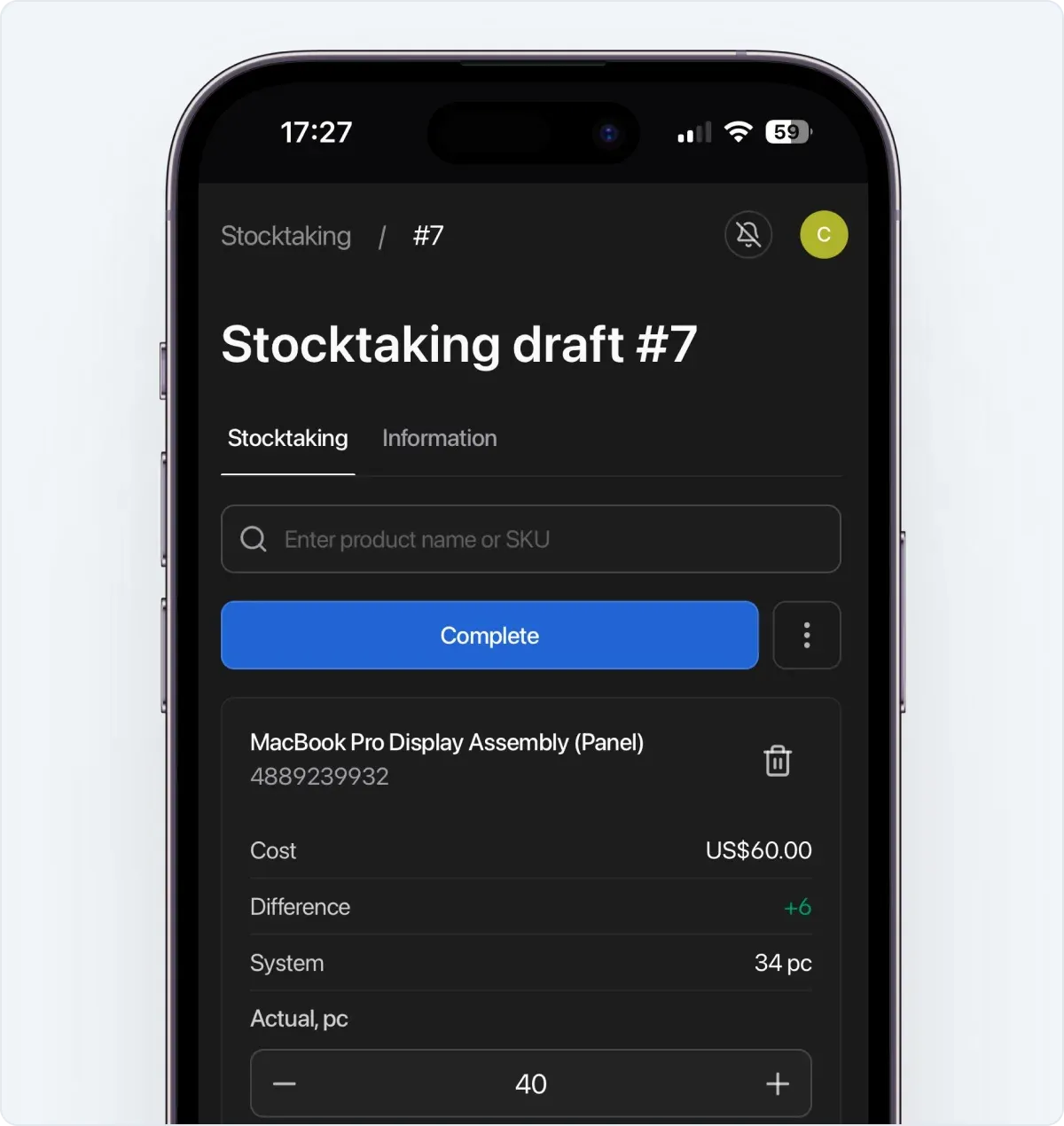 Stocktaking in CRM HelloClient. Mobile version