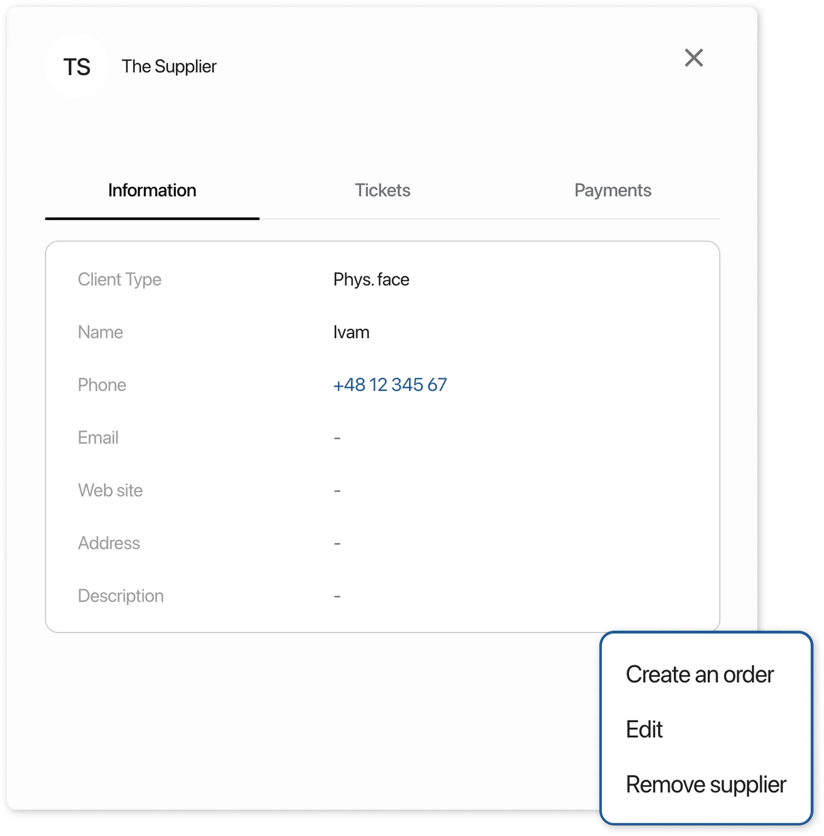 Suppliers card