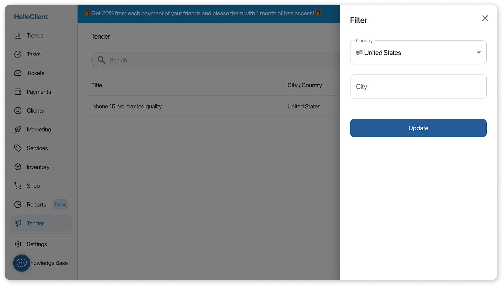 Tender Module – Filter