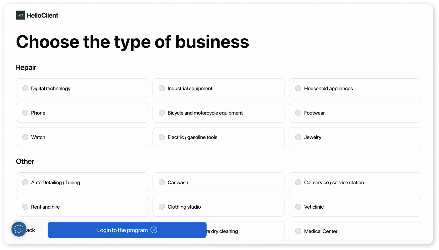 Registration - choose the type of business