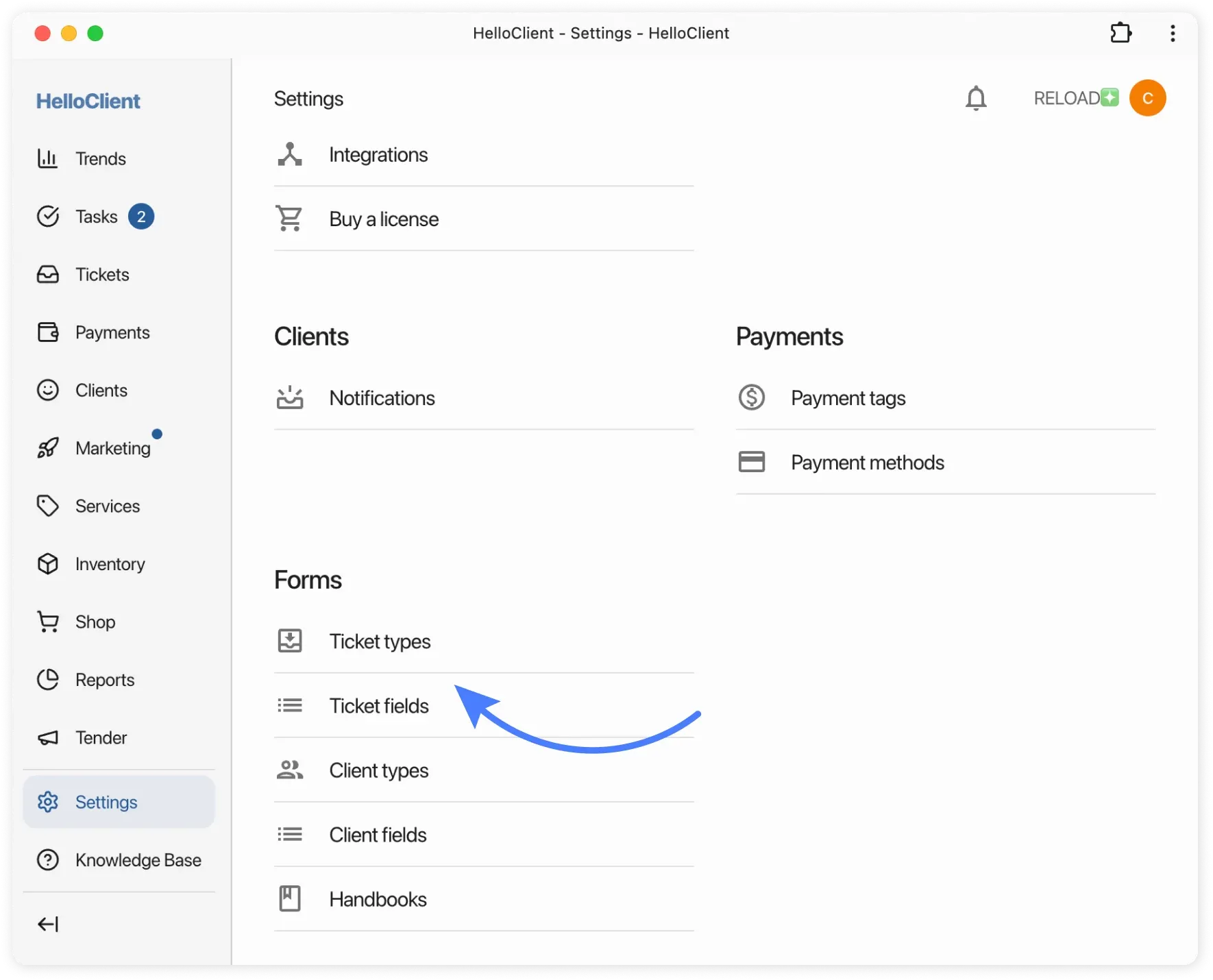 Where to configure types and ticket fields
