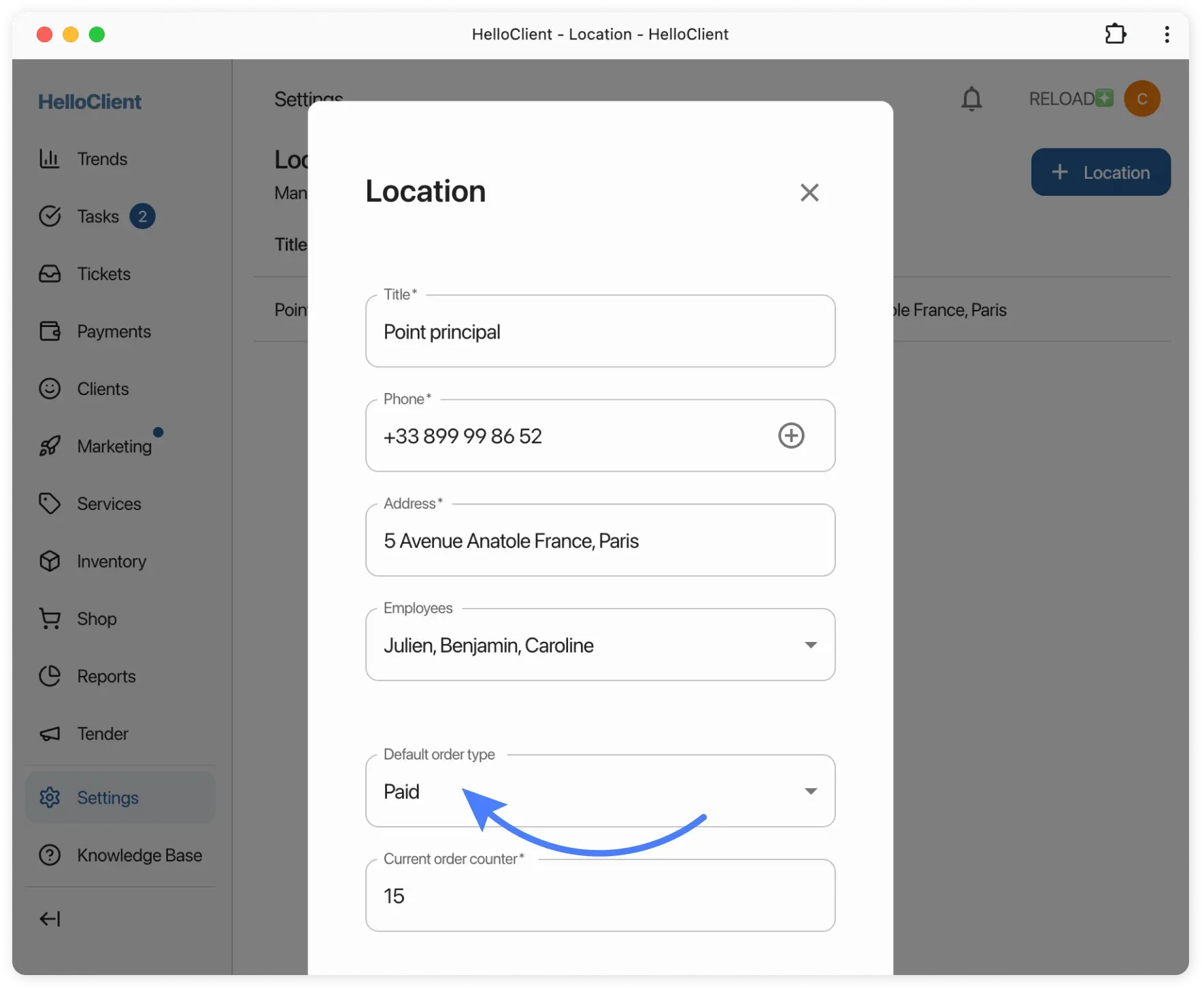 Default order type for location